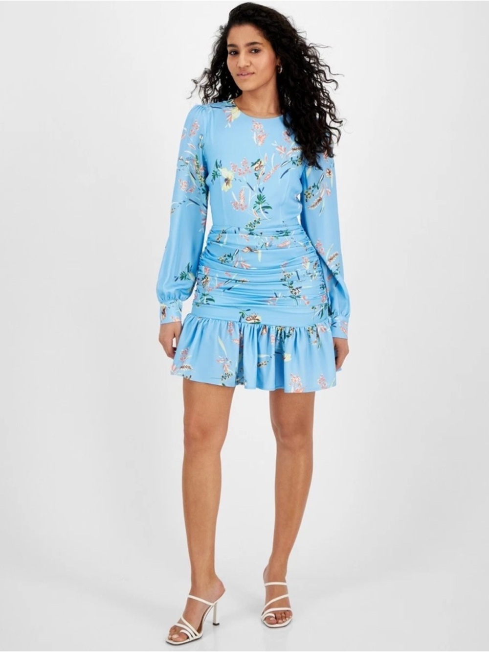 RACHEL Rachel Roy Sky Blue Floral Long-Sleeve Ruched Dress